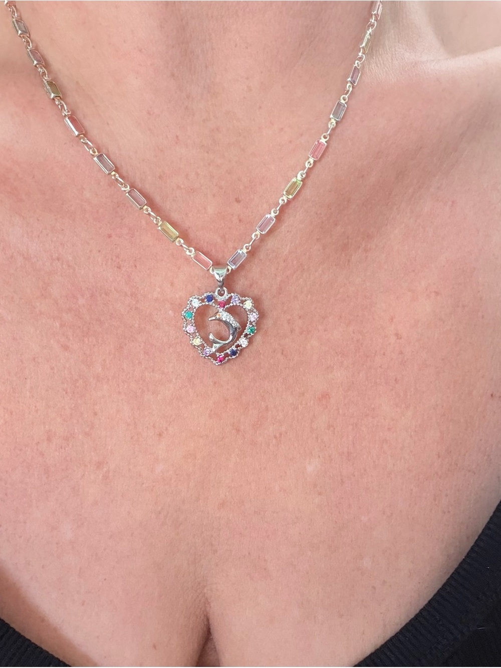 Colorful Dolphin Heart Pendant Necklace - white gold filled